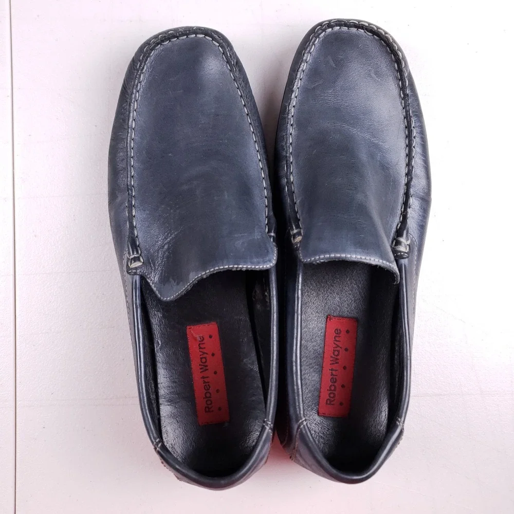 Robert‎ Wayne Men 12 Driving Loafers Navy Blue Leather Slip On Moccasin Shoes